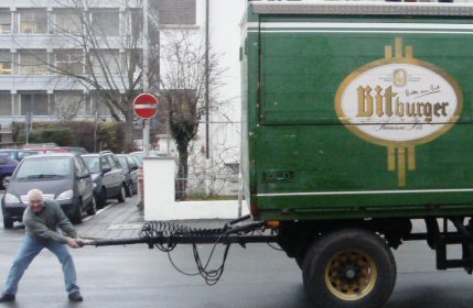 Gus Mueller pulling bitburger beer truck